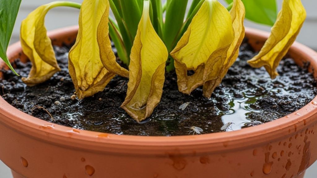 Overwatered plant with yellow, drooping leaves and waterlogged soil in container with poor drainage