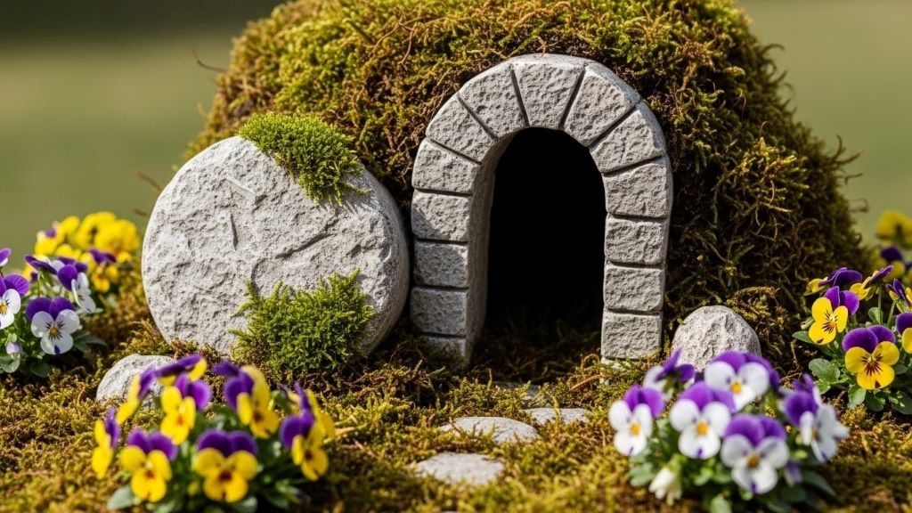 Close-up view of Easter resurrection garden showing rolled stone beside empty tomb entrance with moss and blooming pansies