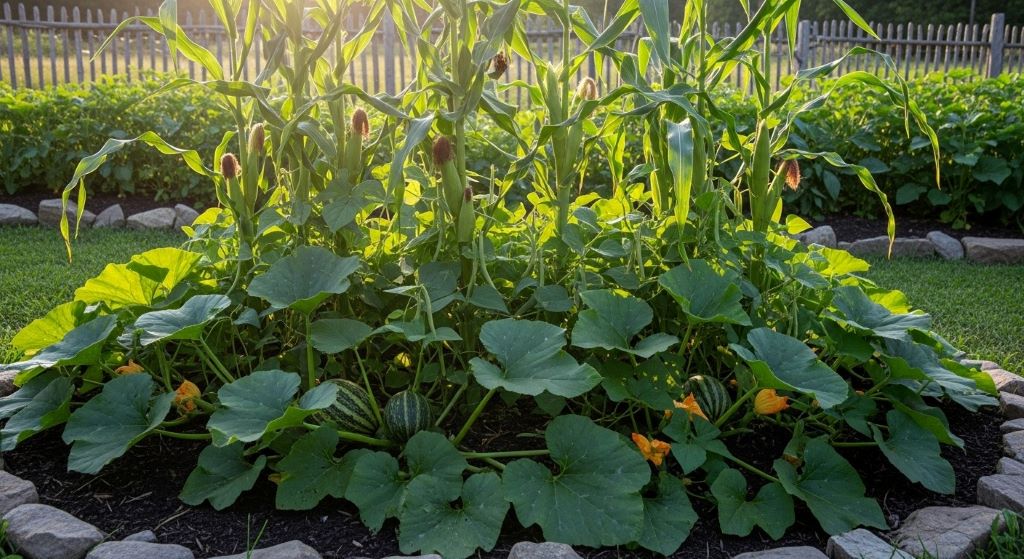 Three Sisters companion planting with corn stalks, climbing beans, and squash leaves in a traditional garden bed