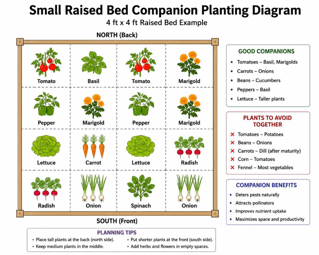 Best companion plants arranged inside a raised vegetable bed